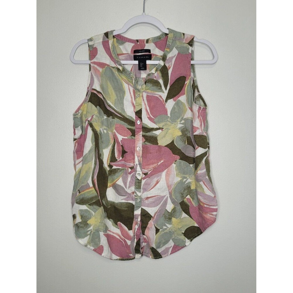 Tahari muted color 100% linen button front sleeveless vacation blouse size large